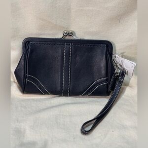 Coach Black Leather Wristlet Clutch with White Stitching kisslock with tag